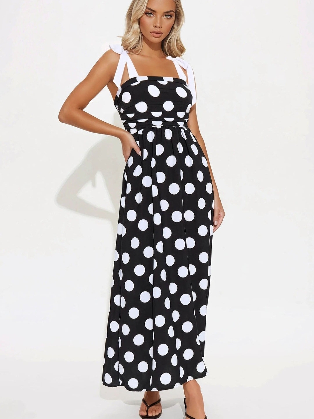 New Tie-Shoulder Black & White Polka Dot Maxi Dress